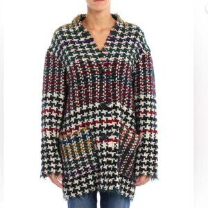 Isabel Marant Burgundy Green Navy Oversized Houndstooth Wool Cardigan Jacket